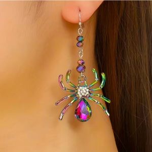 Spider Earrings Iridescent Rhinestones Halloween